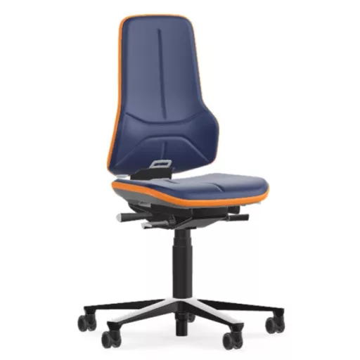 Bimos Neon 2 görgős laborszék - állandó érintkezésű, kék műbőr párnázat, narancs