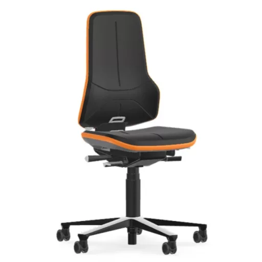 Bimos Neon 2 görgős laborszék - állandó érintkezésű, fekete poliuretán párnázat, narancs
