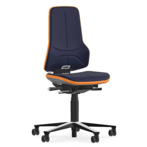 Bimos Neon 2 görgős laborszék - állandó érintkezésű, kék szövet párnázat, narancs
