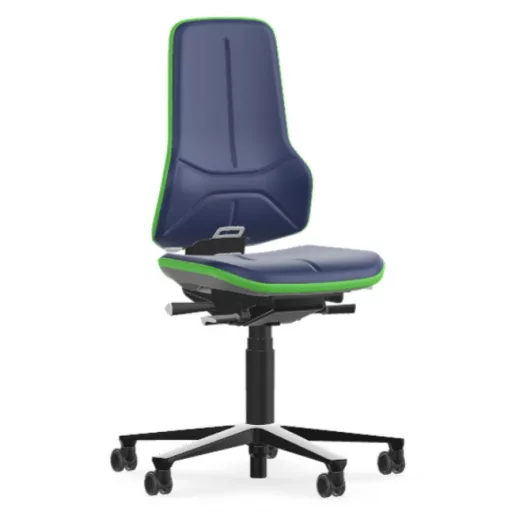 Bimos Neon 2 görgős laborszék - állandó érintkezésű, kék műbőr párnázat, zöld