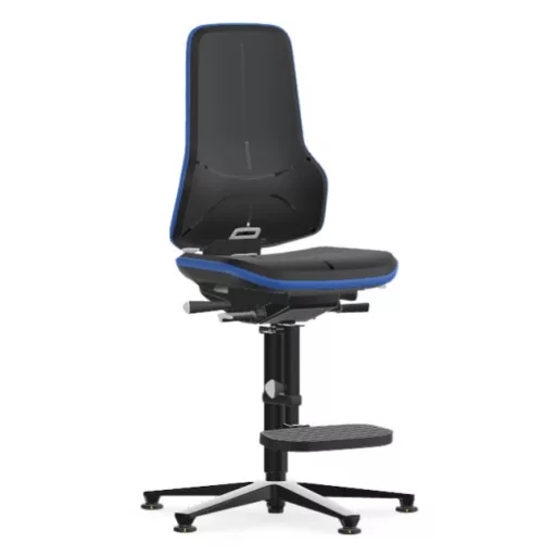 Bimos Neon 3 ESD fix talpas, magasított szék - állandó érintkezésű, fekete poliuretán párnázat, kék